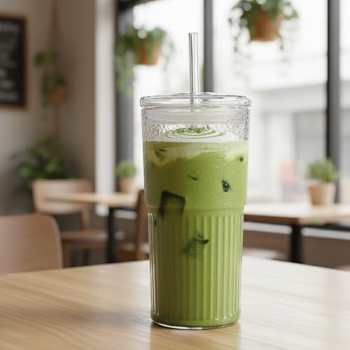 Image of ginoya brothers 600ml Glass Mason Tumbler with Lid and Straw - Leakproof Reusable Drinking Cup for Juice, Smoothies, Iced Coffee, Tea, Cold Beverages. (Pack of 4)