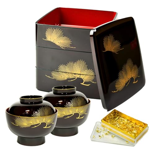 伝統本舗 重箱(1点) 雑煮椀(2点) 松 金箔付き 4点セット おせち ハレの日 お弁当 お正月 三段重 遠足 運動会 正月 おせち プレゼント お祝い お返し お礼 令和 自宅 家庭 イベント 日本製 おしゃれ かわいい 可愛い 人気 den0384