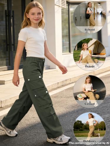 Image of SANGTREE Girls Wide Leg Cargo Pants Multi Pocket,6-14 Years | Cotton High Waist Baggy Trousers with Pockets Teen Y2K Streetwear School Pants| Back-to-school,Outdoor Play