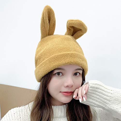 S-Yuwen Women Winter Knit Beanie Hat With Cute Rabbit Bunny Ears Solid Color Outdoor Stretchy Ski Skullies Cap Ear Warmer Photo Props, For Girls, Yellow #TOP2
