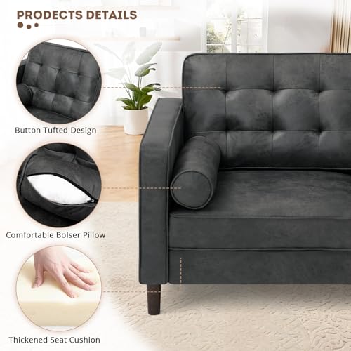 Image of 67 inch Suede Leather 2 Seater Sofa with Two Bolster Pillows, Grey | Tufted Sofa with Wooden Legs, Mordern Couch for Living Room, Office, Apartment