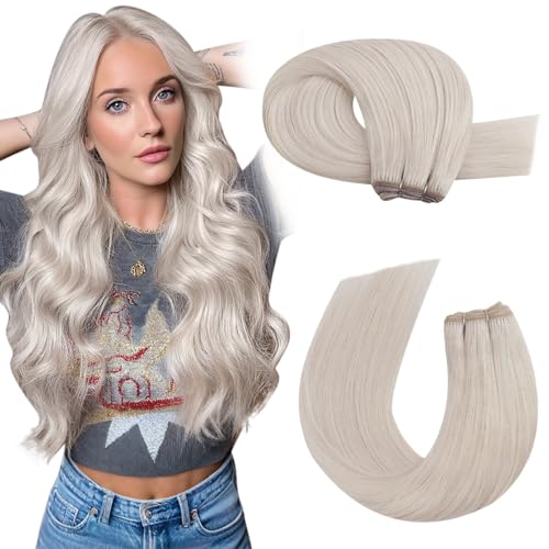 Image of Moresoo Sew in Hair Extensions Human Hair, Platinum Blonde, 14 Inch 100g | Remy human hair creates a cool, clean finish, ideal for daytime styling, winter looks and modern layered hairstyles
