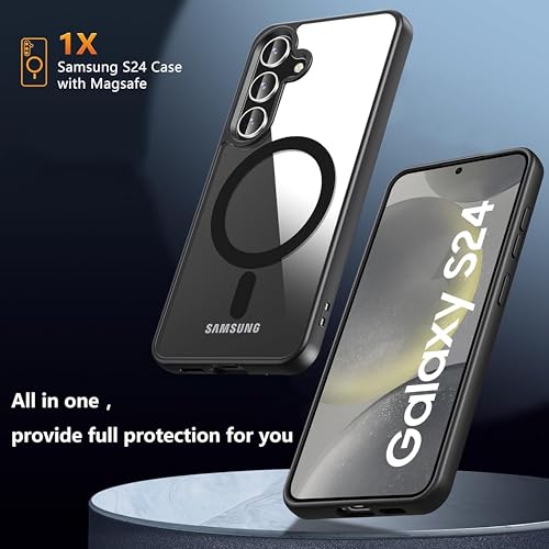 Image of ArmourPro MagSafe Compatible Case for Samsung Galaxy S24, Magnetic Wireless Charging Back Cover with Clear Back, Flexible TPU Bumper, Camera Protection | Black