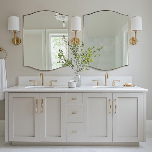 Image of ANDY STAR 30 inchx40 inch Scalloped Wall Mirror, Brushed Gold Rectangle Bathroom Mirror with Curved Edge Stainless Steel Metal Frame, Large Wall-Mounted Mirror for Bathroom, Entryway (Horizontal /Vertical)