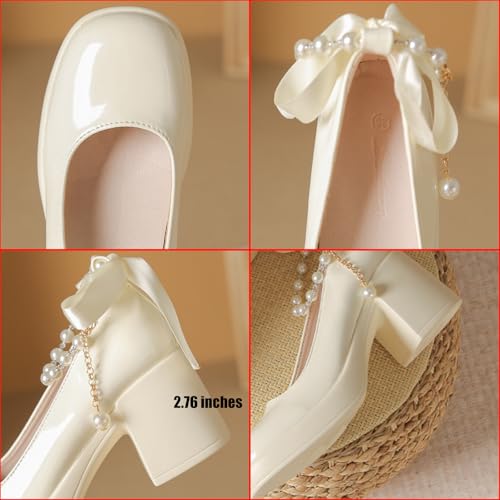 Women's Patent Leather Ribbon Bow Chunky Heel Pumps with Pearl Ankle Strap Fashion Round Toe Shallow Mouth High Block Heels Comfortable Casual Business Wedding Dress Shoes2