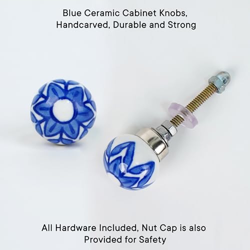 Image of Indian-Shelf 6 Blue White Ceramic Cabinet Knobs Vintage Floral Drawer Pulls