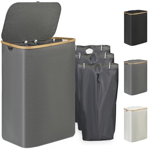 160L Large Laundry Baskets with Lid, 【Collapsible, Waterproof, Odorproof】Laundry Hamper with 3 Sortable Laundry Bags, Washing Baskets With Bamboo Handles, Dirty Clothes Basket Laundry Bin – Gray