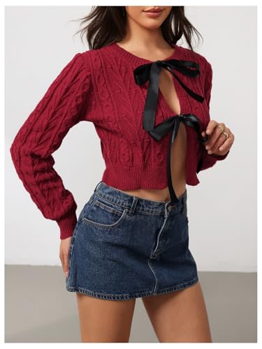 Image of MakeMeChic Women's Bow Knot Cardigan Sweater Cable Knit Tie Front Crop Tops