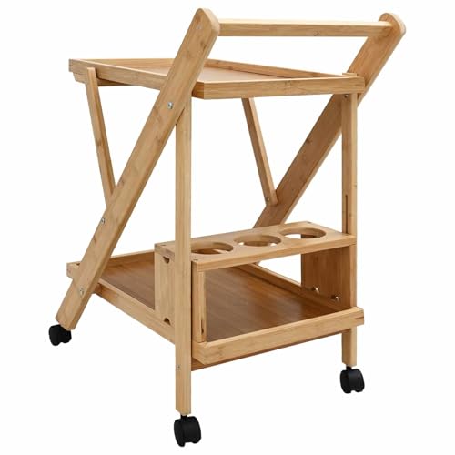 Gecheer Foldable Bamboo Kitchen Trolley with Wine Rack - 360° Swivel Wheels for Easy Indoor Storage Model42028291 - Image 8