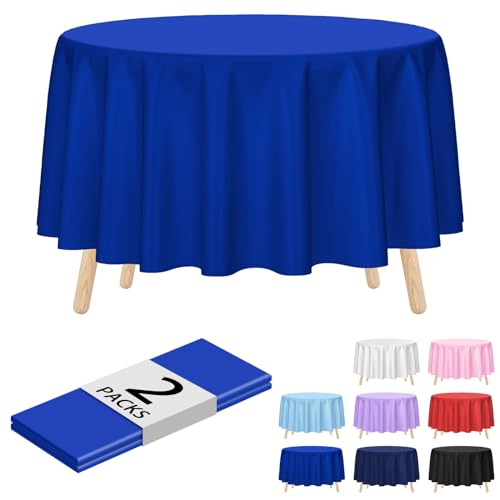 Image of Kopokita 2 Pack Royal Blue Round Disposable Plastic Tablecloths 84 inch