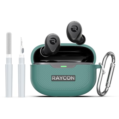 AGENTNANO [3 in 1] for Raycon Everyday Earbuds(2024 Edition) Case Cover with Cleaner kit, LOGO Visible Design Shockproof Silicone Protective Cover for Raycon Everyday Earbuds with Carabiner-Pine Green