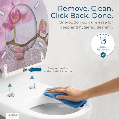 Image of Sanilo Wooden Toilet Seat with Quick Release & Soft Close [ROUND] - Decorative & Slow Close Molded Wood Seat - With One Click for Easy Installation & Cleaning - With Adjustable Fit (Blooming)
