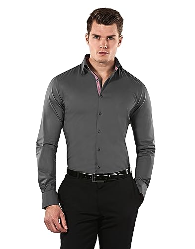 Vincenzo Boretti Camicia Elastica Uomo Eleganti, Taglio Molto Aderente (Extra Slim-Fit), Stretch, Collo Classico, Manica Lunga, in Tinta Unita - Easy Iron, Facile da st Grigio Scuro/Rosso Vino 39-40