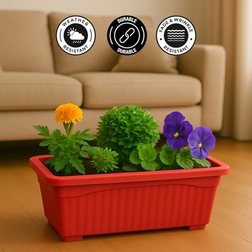 Image of Bianco Rectangular Plastic Pots for Plants, Jupiter Flower Pots for Home, Window Display, Garden (35 x 18.5 x 15 cm) (RED) (Pack of 5)