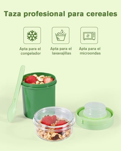 Miniatura 3 de Cereal Cup, 450 Ml 250 Ml, Taza Para Yogur, Taza Para Cereales Para Llevar A Prueba De Fugas Con Cuchara Y Caja Para Salsas, Caja Para Desayuno Sin Bpa, Bol Para Cereales, Para Niños Y Adultos, Verd