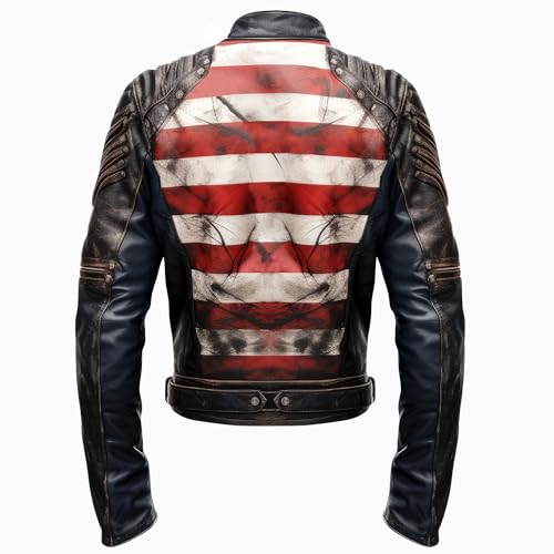 Image of The Next Mens Distressed Inspired by American Flag USA Casual Motorcycle Zipper Coat With USA Flag Genuine Leather Jackets