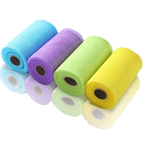Waydress 4 Rolls Easter Decor Mesh Ribbon Making Supplies Poly Mesh Ribbon for Halloween Craft Wreaths Decorating 30 Feet Each Roll(6 Inch Wide,Yellow, Green, Blue, Purple)