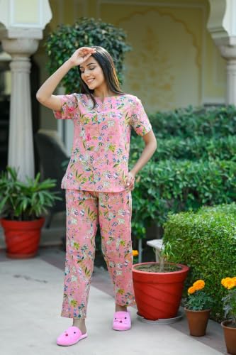 Image of SANSKRUTIHOMES Women's Premium 100% Cotton Printed Co-Ord Set | Short Sleeve Shirt & Pant Set | Pink Checkered Sun & Palm Tree Print | Casual Summer Resortwear, Vacation Wear & Comfortable Loungewear