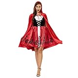 Women Halloween Cosplay Cape Little Red Riding Hooded Costume Medieval Floral Print Flowy Short Dres