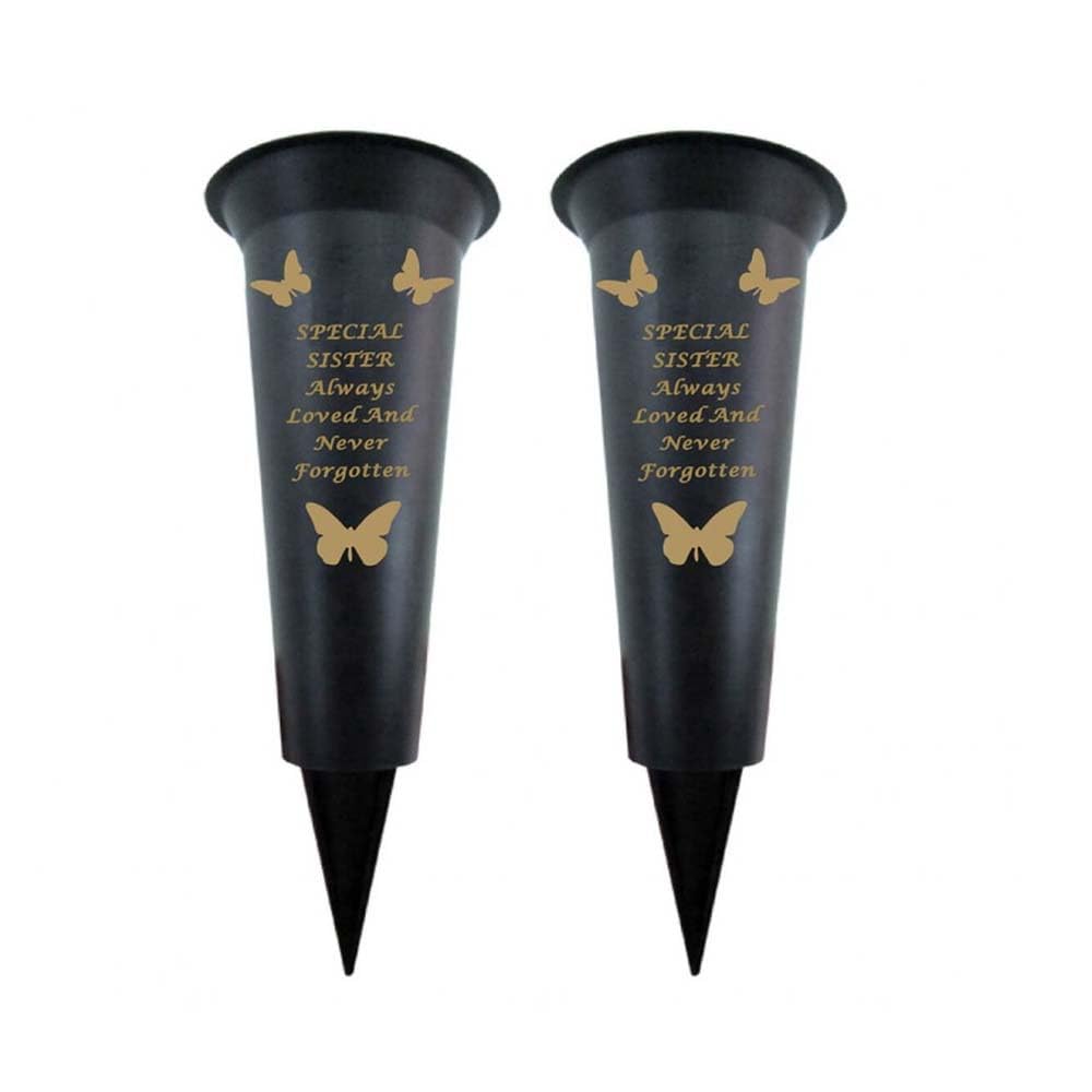 Memorial Grave Vases Ornaments Black Plastic Flower Holders - Butterfly Spike Grave Flower Vases with Funeral Verses for Your Loved Ones - Pack of 2 (Sister - Pack of 2)