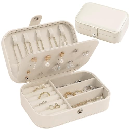 Travel Jewellery Box, White Portable Jewellery Organiser for Women, Compact Jewellery Case with Secure Storage for Necklaces, Rings, Earrings, Ideal Gift for Travelers