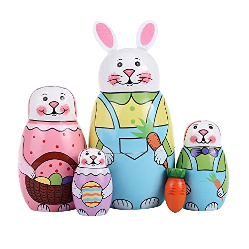Yoption 5 Pcs Russian Matryoshka Dolls Handmade Wooden Rabbit Bunny Nesting Dolls Set for Christmas Easter Birthday Gift Home Decoration (Rabbit)