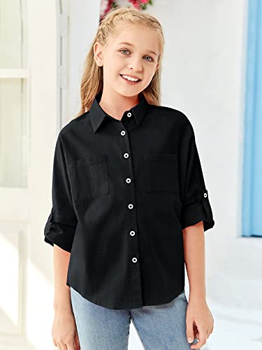 Modershe Girls Roll Up Cuffed Sleeve Button Down Shirts Cute Casual Pockets Blouses 5-14 Years Kids Loose Collared Tunic Tops Black #TOP3