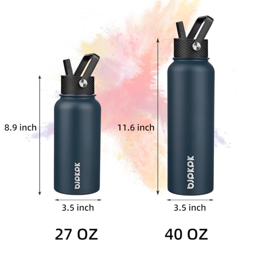 Image of BJPKPK Insulated Water Bottles with Straw Lid, 40oz Stainless Steel Water Bottles with 3 Lids, BPA Free Leakproof Thermo, Tumblers, Cups for Sports, Gym- Navy Blue