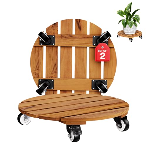 Idzo 2pack Wood Plant Caddy With Wheels Heavy Duty, 264 Lbs Capacity, 12 Inch Acacia Hardwood Plant Dolly, Plant Stand with 360° Lockable Wheels, Plant Caster for Heavy Objects Hauling - Natural Wood