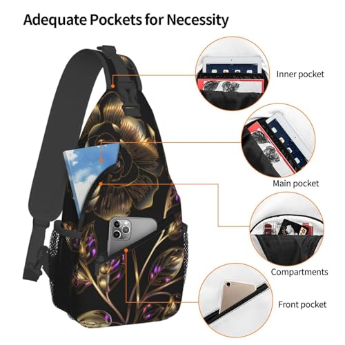 Bolso Cruzado de Pecho para Hombre Negro con Flores Doradas miniatura 4