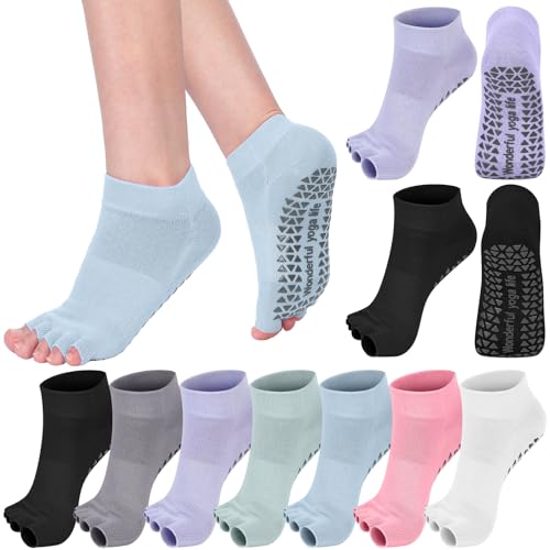 Jeyiour 7 Pairs Toeless Yoga Socks with Grips Non Slip Pilates Yoga Open Toe Pedicure Split Toe Socks for Women