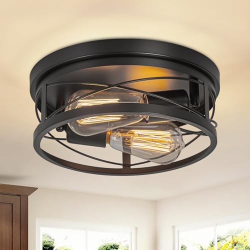 foucasal 2-Light Round Metal Flush Mount Ceiling Light Black 10.23" Base