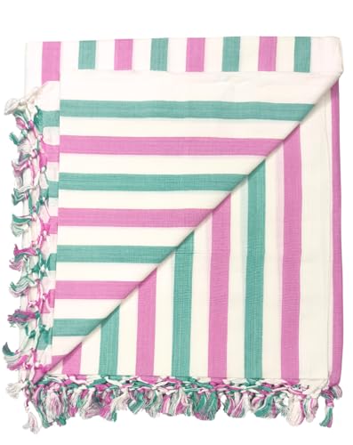 Image of Arvore Bunkaar Pure Handloom 100% Soft Desi Bamboo Viscose Soft Bhagalpuri Andi Chadar /Summer Blanket /Khes /Top Sheet /AC Blanket /Odhne wali Chadar (Pink White Green, Striped, 1, Bhagalpuri Chadar)