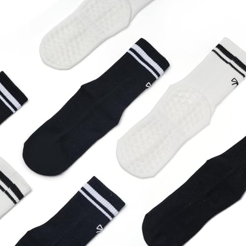 Image of Non-Slip Pilates Yoga Socks for Women Cotton Crew Striped Bow Embroidery for Barre Ballet Dance Workout