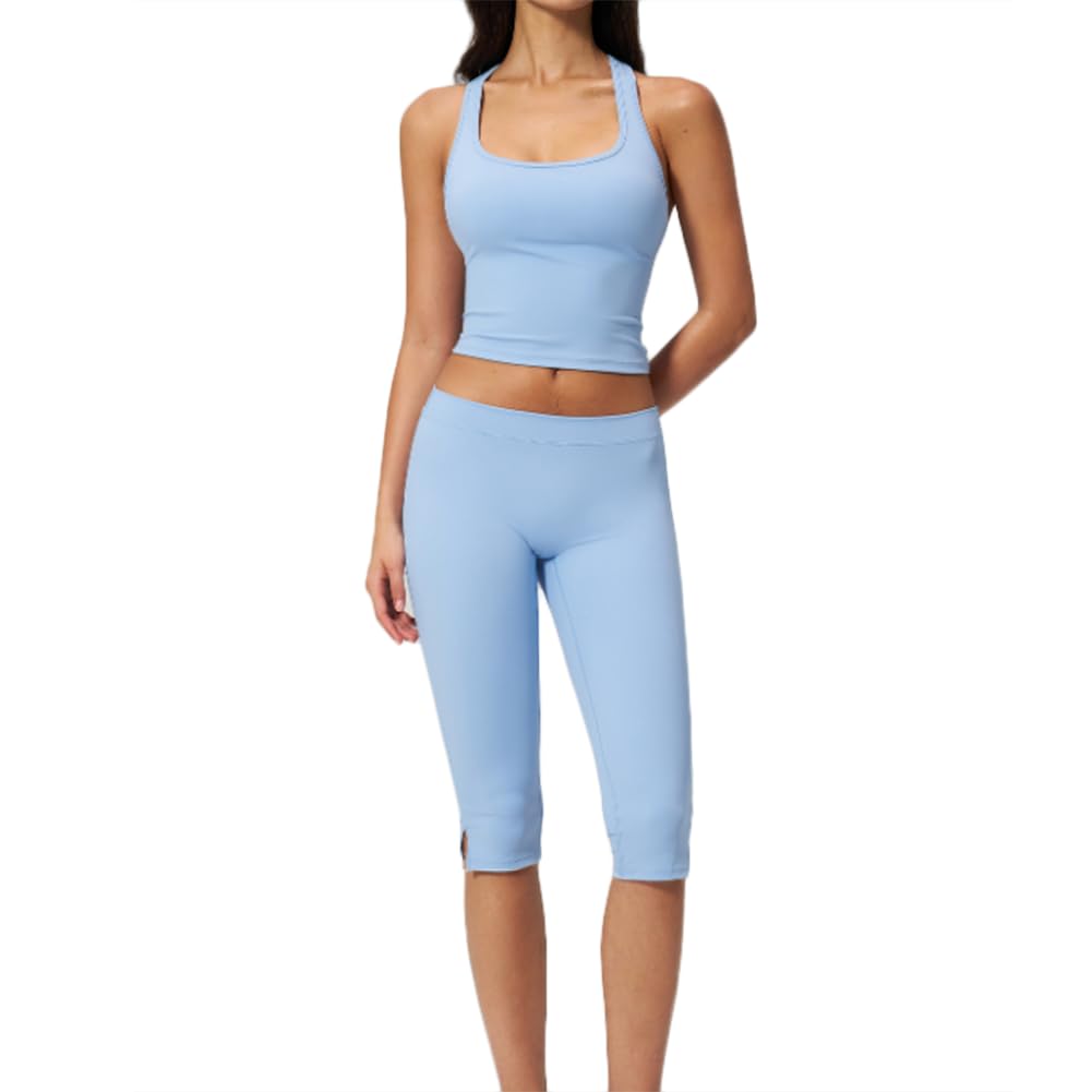 Jpxjgt Women's Blue 2-Piece Yoga Set, Square Neck Racerback Tank Top & Low Waist Capri Leggings Clean Fit(Size:m,Color:blue)