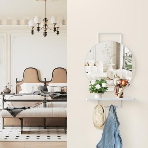 Image of BEAUTME Wall Mirror with Shelf and Hooks, 30x20 Inch Metal Framed Round Bathroom Mirrors with Shelf, Modern Farmhouse Wall Decor for Living Room Bedroom Entryway, Vertical (White)