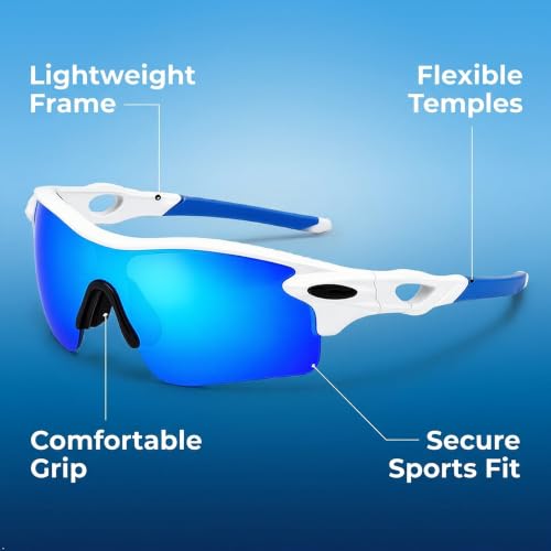 Image of Cycling Goggles for Men & Women | Sports Goggles UV400 Protection | Oversized Sports Sunglasses for Cricket, Running, Driving, Fishing, Hiking & Outdoor Activities (White : Blue stick)