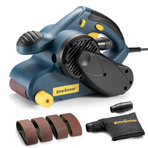 Enventor Ponceuse à Bande 950W, 6 Vitesse Variables (120-380 tr/min), 2 en 1 Ponceuse à Cordon avec Sac à Poussière et 12 Bandes Abrasives (P80, P120, P180,P240) 76 x 533 mm