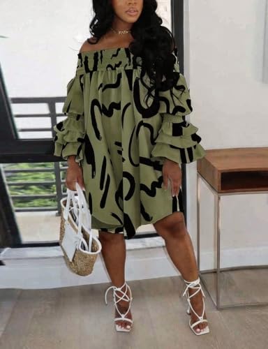 Image of WOKANSE Women's Casual Plus Size Shirred Dresses Off Shoulder Bell Sleeves Ruffle Loose Stretchy Neck Midi Dress