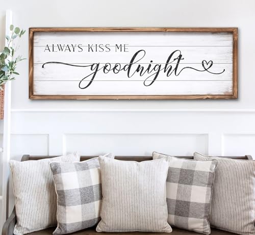 UPPER DECOR Large Above Bed Wall Decor Bedroom Sign Bedroom Decor with Solid Wood Frame for Couples, Always Kiss Me Goodnight Sign for Bedroom, Love Theme Wall Decor 42''×15''