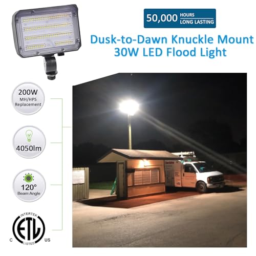 30W-LED-Flood-Light-with-Knuckle-Outdoor-Security-Fixture-Light-with-Dusk-to-Dawn-Photocell-5000K-4050lm200W-Equivalent-Waterproof-with-Base-AC100-277V-for-Wall-Mount-Entrance-Garden-Yard