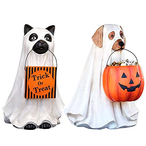 Creative Halloween Ghost Dog Cat Statues with Pumpkin Candy Holder Bowl Bucket Resin Ornament Trick or Treat Party Decor Ghost Statue Indoor