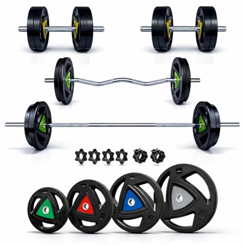 Image of Leeway 50kg Complete Home Gym Combo | Rubber Coated Metal Integrated Weight Plates | 28mm Standard Barbell Tri-Grip | 5ft Rod + Curl Rod + Dumbbells | Black | 50kg Set (2.5x4+5x4+10x2)