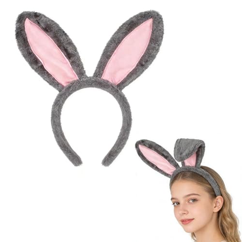 MAIKAOZAI Grey Bunny Ears Headband for Easter Soft Faux Fur Rabbit Accessories for Adults Realistic Bunny Ears Set Reusable Easter Bunny Costume Prop