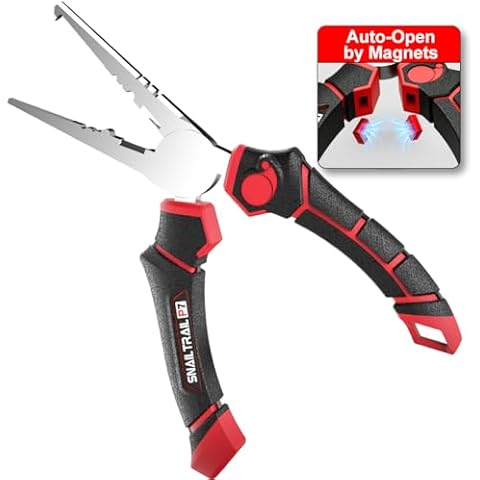 SNAIL TRAIL 7'' Fishing Pliers, Angled Head Split Ring Pliers, Auto-Open by Magnets, Corrosion Resistant Fish Hook Remover, Saltwater Crimping Shot Cover