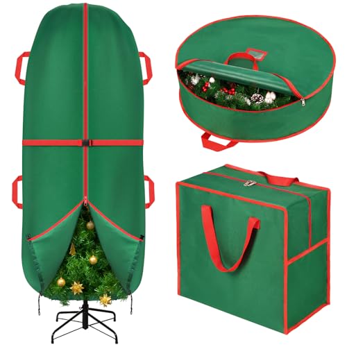 3PCS Upright Christmas Tree Storage Bag Set, Christmas Tree Covers for Upright Storage with Christmas Wreath & Ornament Storage Bags, Christmas Tree Cover for 7.5 Ft Assembled Christmas Tree