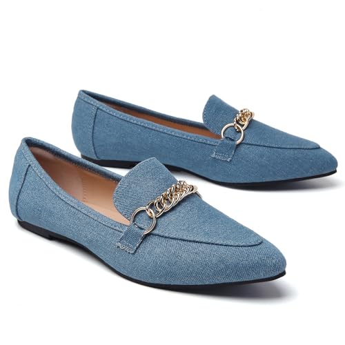 Image of Tilocow Metal Chain Loafers for Women Pointed Toe Slip on Flats Comfortable Fashion Work Shoes