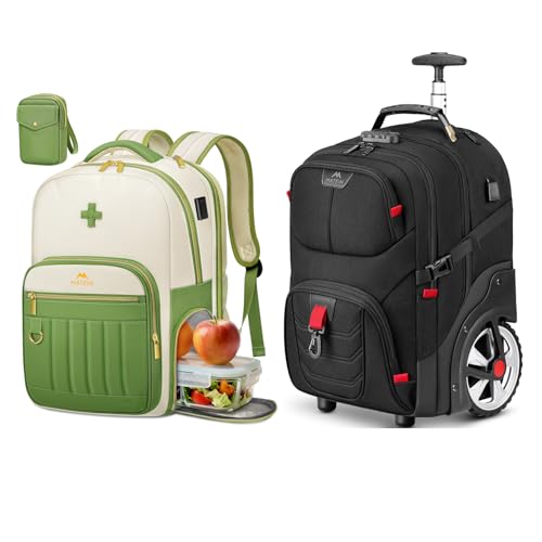 MATEIN Rolling Bag with Wheels, Nurse Backpack for Women, Nursing Backpack with Lunch Compartment & Removable Pouch