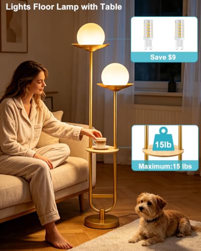 Image of 63IN Globe Floor Lamp with Shelf 2-Lights Modern Dimmable Floor Lamps with 3000K Soft Warm White Bulbs for Wedding /Party, Gold Tall Standing Lamp for Living Room /Bedroom /Home Office