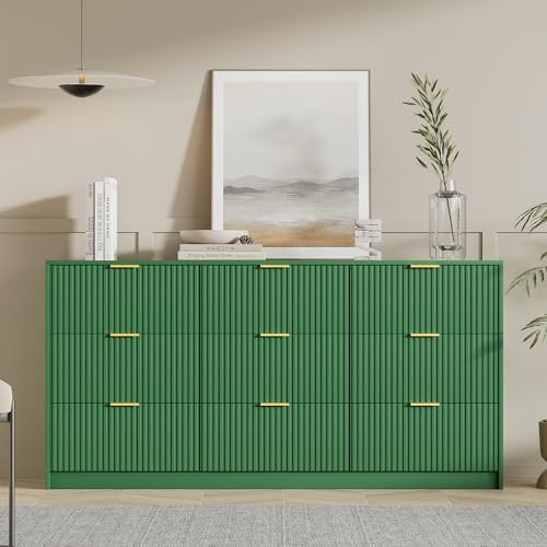 Image of Furniway Green Dresser for Bedroom, Modern Dresser with 9 Drawers and Smooth Slides, Wide Chest of Drawers with Golden Handles for Bedroom, Living Room, Closet, 15.7 inch D x 63 inch W x 31.5 inch H